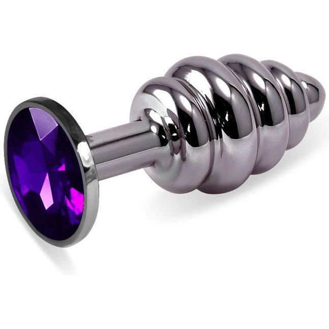 Серебристая ребристая пробка с фиолетовым кристаллом размера L - 9,5 см