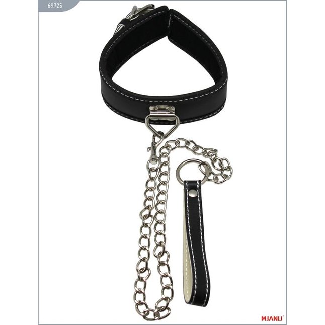Набор БДСМ-девайсов из чёрной кожи на мягкой подкладке: наручники, наножники, ошейник с поводком, кляп - MJANU. Фотография 2.