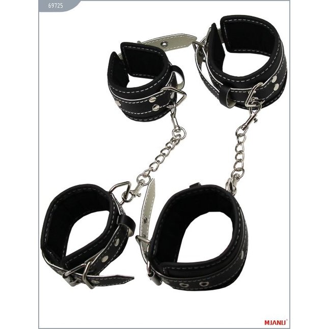 Набор БДСМ-девайсов из чёрной кожи на мягкой подкладке: наручники, наножники, ошейник с поводком, кляп - MJANU. Фотография 4.