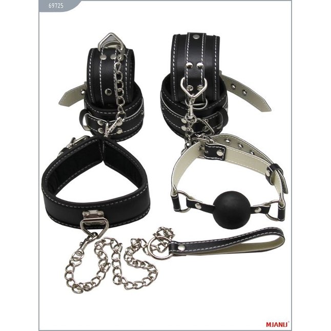 Набор БДСМ-девайсов из чёрной кожи на мягкой подкладке: наручники, наножники, ошейник с поводком, кляп - MJANU