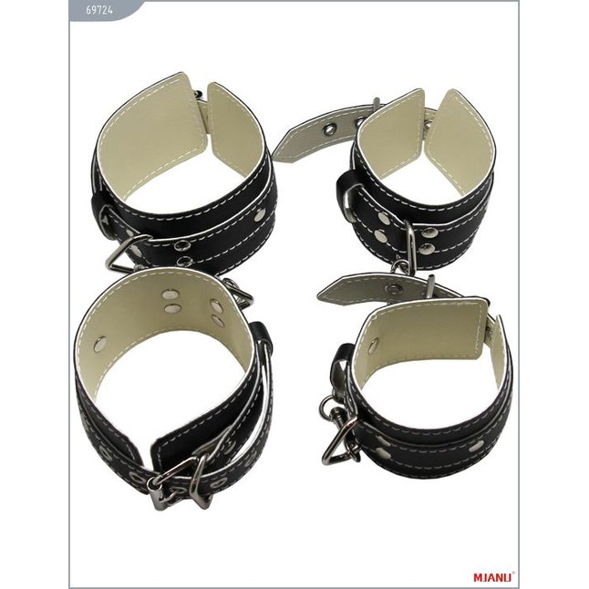 Набор чёрных кожаных БДСМ-аксессуаров: наручники, наножники, ошейник с поводком, кляп - MJANU. Фотография 4.