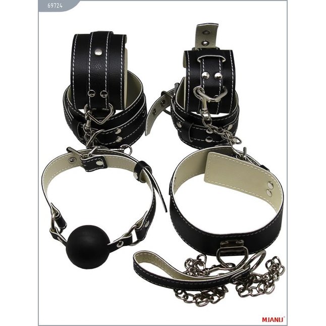 Набор чёрных кожаных БДСМ-аксессуаров: наручники, наножники, ошейник с поводком, кляп - MJANU