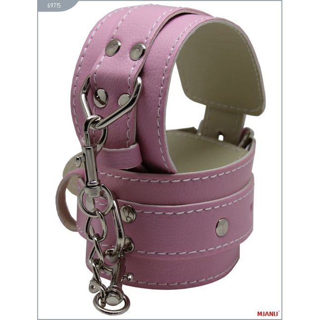 Розовые кожаные наручники с фиксацией - MJANU. Фотография 3.