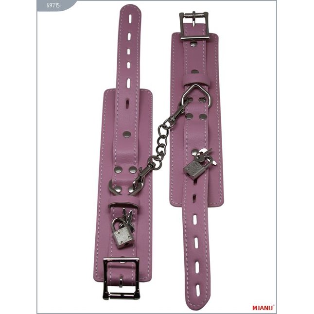 Розовые кожаные наручники с фиксацией - MJANU. Фотография 4.
