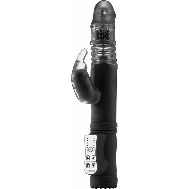 Чёрный вибратор Thrusting Rabbit с клиторальным стимулятором - 26 см - Shots Toys