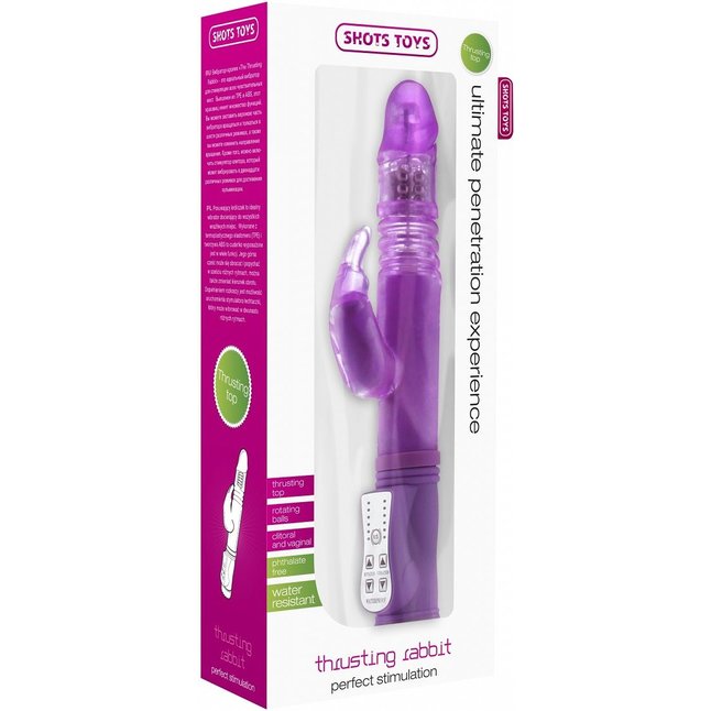 Фиолетовый вибратор Thrusting Rabbit с клиторальным стимулятором - 26 см - Shots Toys. Фотография 2.