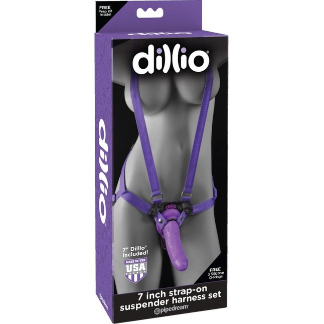 Фиолетовая страпон-система 7 Strap-On Suspender Harness Set с реалистичной насадкой - 19 см - Dillio. Фотография 3.