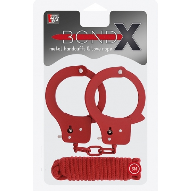 Красные наручники из листового металла в комплекте с веревкой BONDX METAL CUFFS LOVE ROPE SET - BondX. Фотография 2.