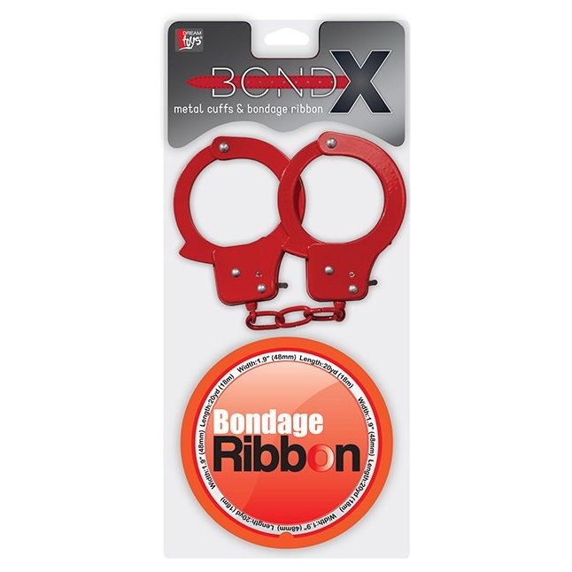 Набор для фиксации BONDX METAL CUFFS AND RIBBON: красные наручники из листового материала и липкая лента - BondX. Фотография 2.