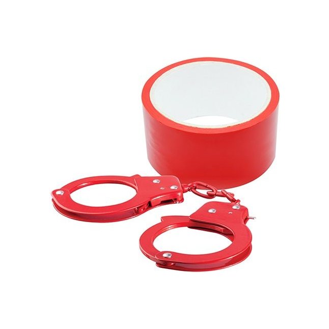 Набор для фиксации BONDX METAL CUFFS AND RIBBON: красные наручники из листового материала и липкая лента - BondX