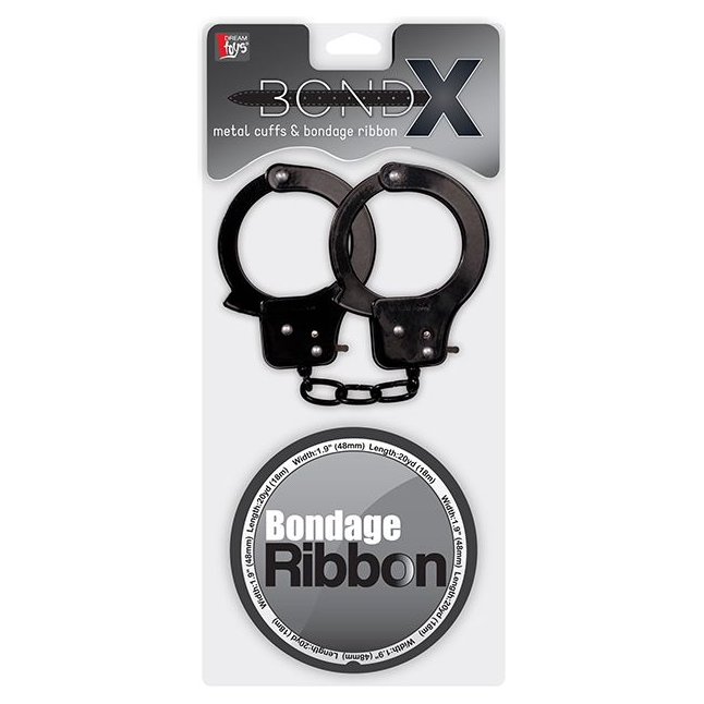 Набор для фиксации BONDX METAL CUFFS AND RIBBON: чёрные наручники из листового материала и липкая лента - BondX. Фотография 2.