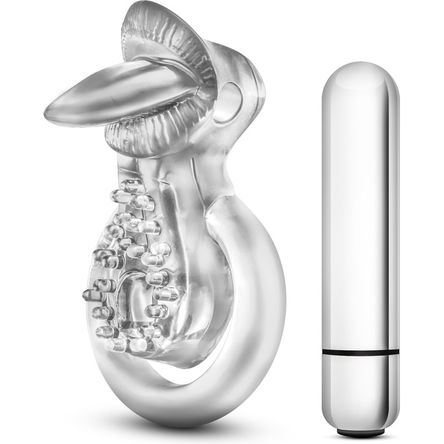 Прозрачное эрекционное кольцо с подхватом, вибропулей и язычком 10 Function Vibrating Tongue Ring - Stay Hard. Фотография 2.