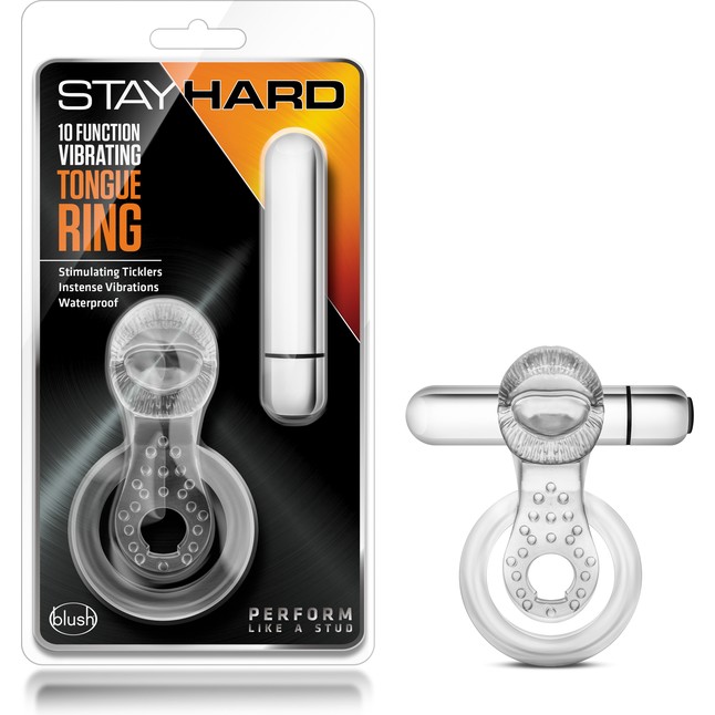 Прозрачное эрекционное кольцо с подхватом, вибропулей и язычком 10 Function Vibrating Tongue Ring - Stay Hard. Фотография 5.