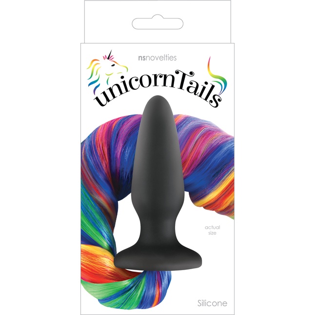 Чёрная анальная пробка с радужным хвостом Unicorn Tails Rainbow - Unicorn Tails. Фотография 2.