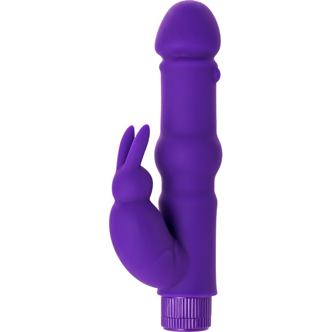 Фиолетовый вибратор с утолщением посередине и клиторальным зайчиком - 18 см