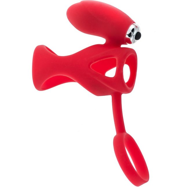 Красная насадка на пенис с клиторальным стимулятором - Black Red. Фотография 2.