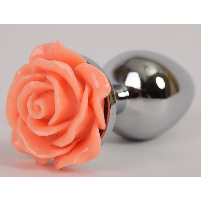 Серебристая анальная пробка с оранжевой розой - 9 см