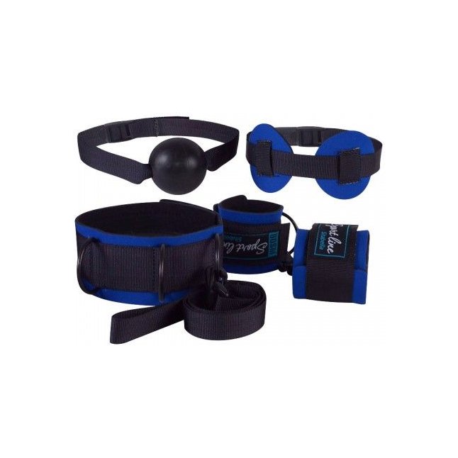 Сине-черный комплект для БДСМ-игр: наручники, кляп-шарик, маска, ошейник - Sport Line