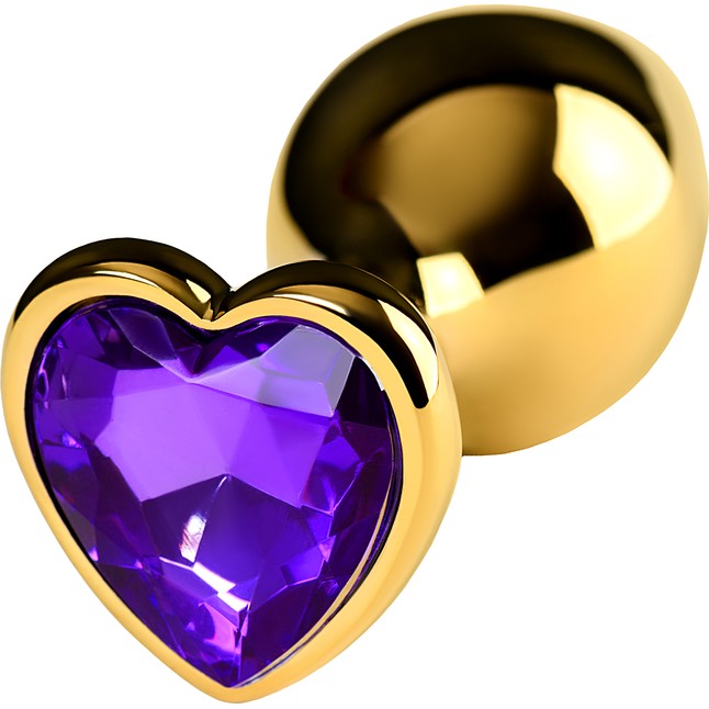 Золотистый анальный плаг с фиолетовым кристаллом-сердцем - 8 см - Metal. Фотография 3.