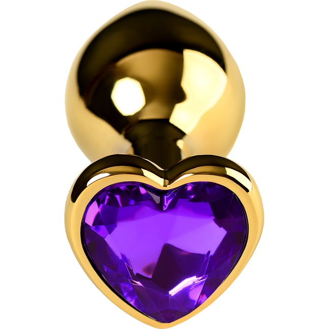 Золотистый анальный плаг с фиолетовым кристаллом-сердцем - 8 см - Metal. Фотография 5.