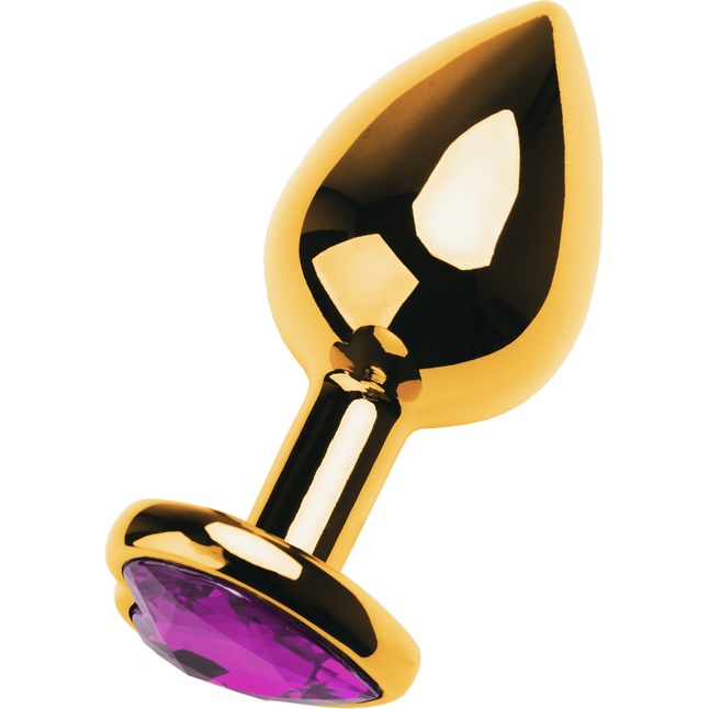 Золотистый анальный плаг с фиолетовым кристаллом-сердцем - 8 см - Metal