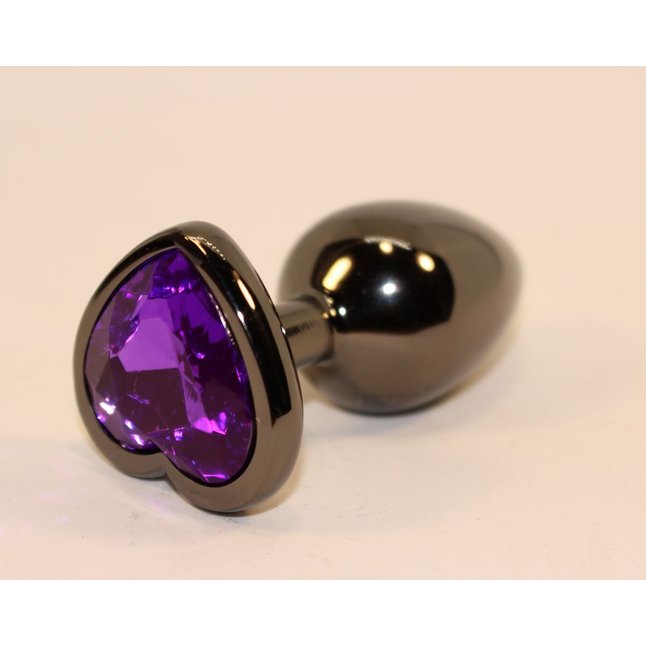 Чёрная анальная пробка с фиолетовым кристаллом-сердцем - 8 см