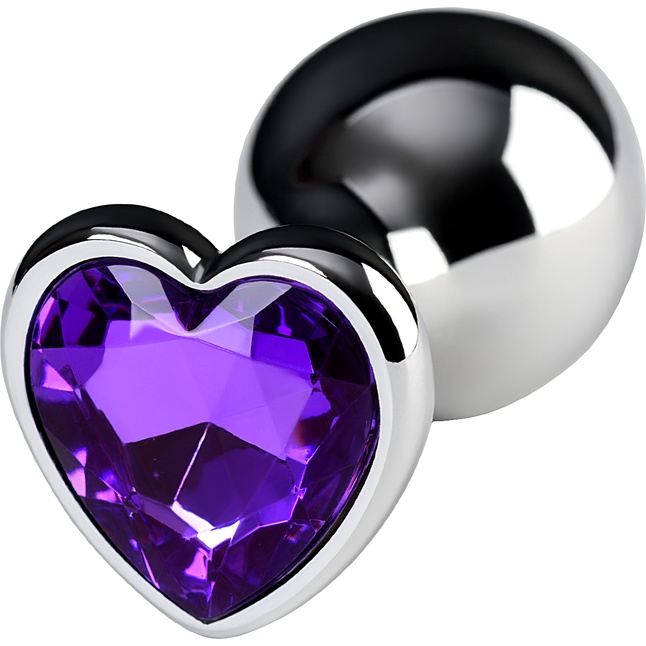 Серебристая анальная втулка с фиолетовым стразом-сердцем - 9,5 см - Metal. Фотография 3.