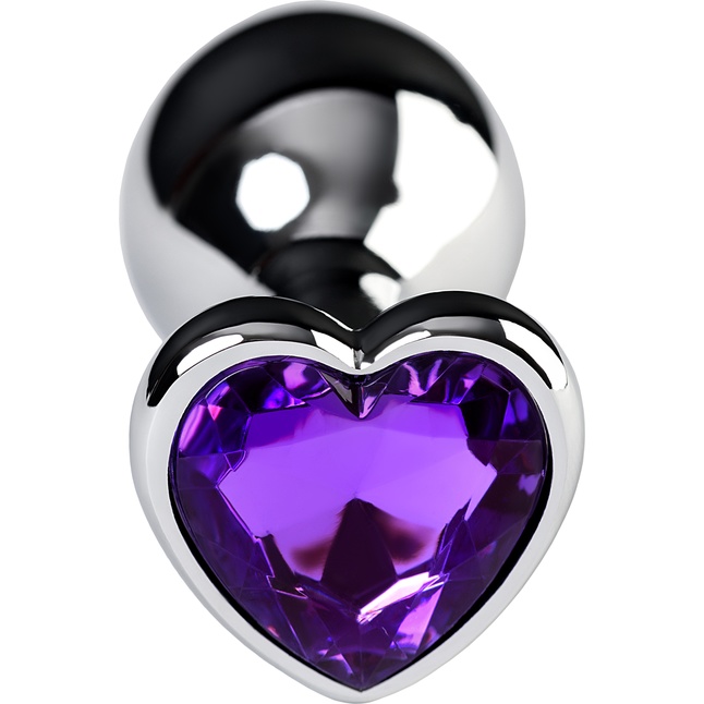 Серебристая анальная втулка с фиолетовым стразом-сердцем - 9,5 см - Metal. Фотография 4.