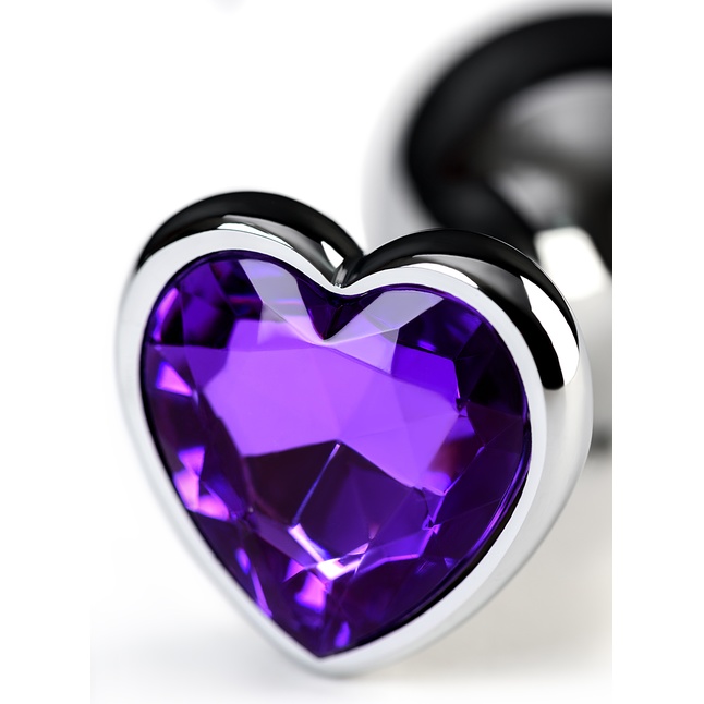 Серебристая анальная втулка с фиолетовым стразом-сердцем - 9,5 см - Metal. Фотография 7.