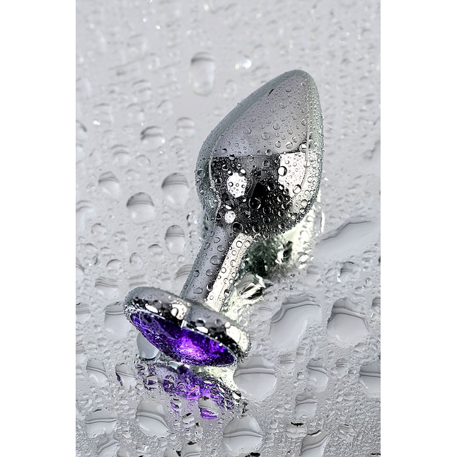 Серебристая анальная втулка с фиолетовым стразом-сердцем - 9,5 см - Metal. Фотография 8.