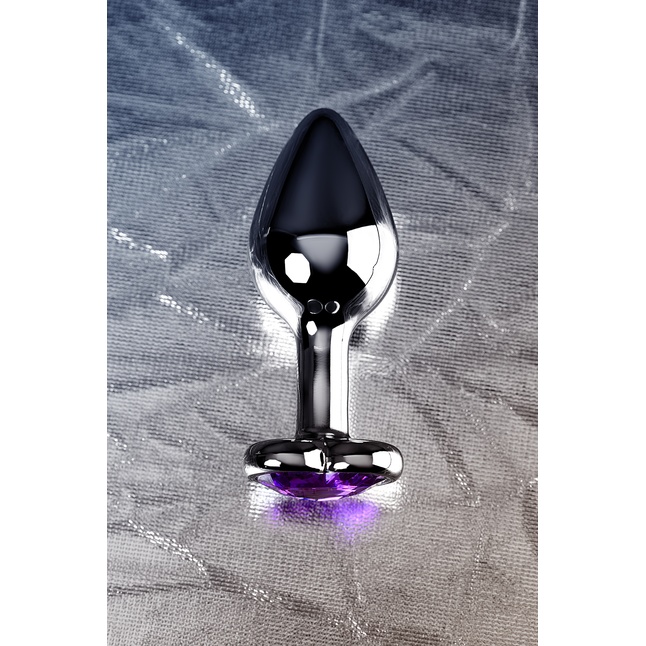 Серебристая анальная втулка с фиолетовым стразом-сердцем - 9,5 см - Metal. Фотография 9.