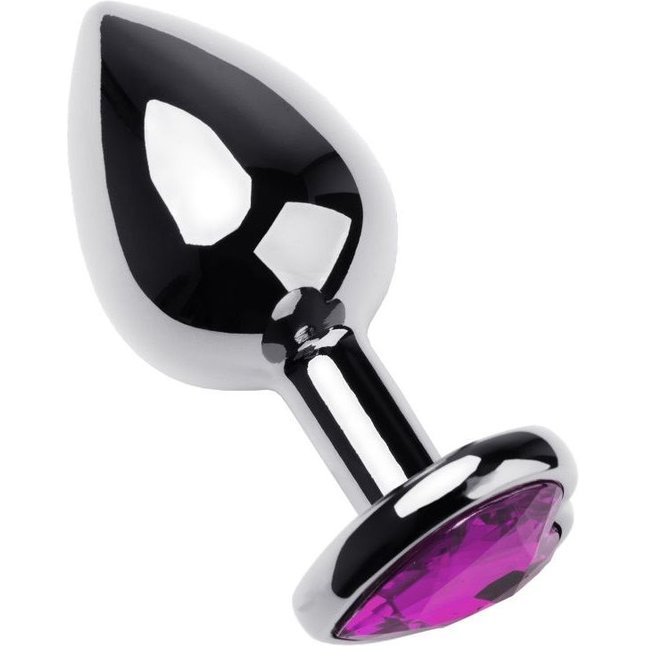 Серебристая анальная втулка с фиолетовым стразом-сердцем - 8 см - Metal