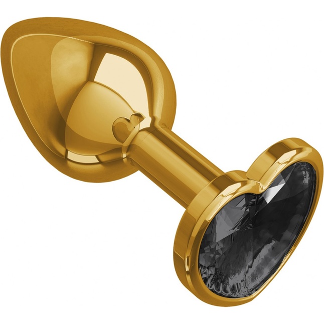Золотистая анальная втулка с чёрным кристаллом-сердцем - 7 см - Анальные втулки с кристаллом. Фотография 2.