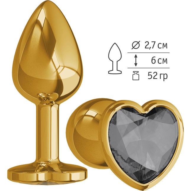 Золотистая анальная втулка с чёрным кристаллом-сердцем - 7 см - Анальные втулки с кристаллом