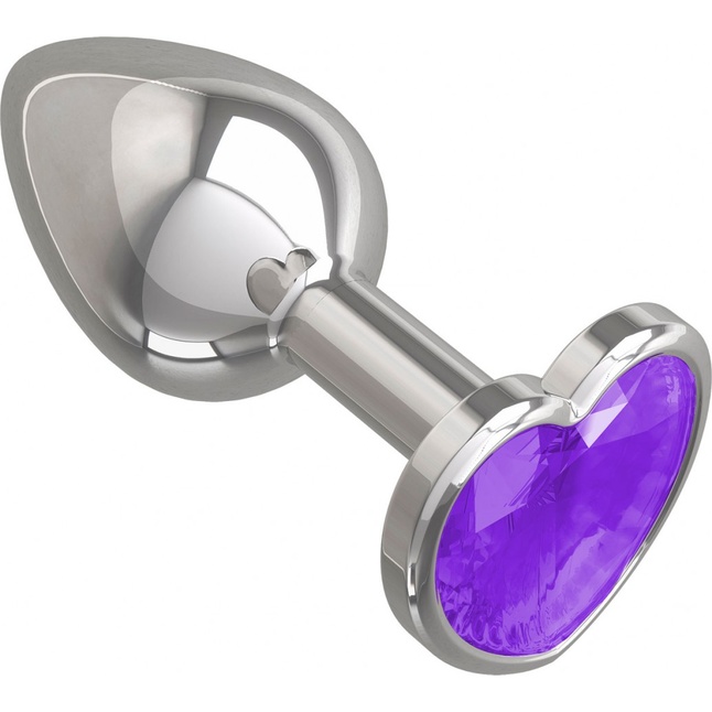 Серебристая анальная втулка с фиолетовым кристаллом-сердцем - 7 см - Анальные втулки с кристаллом. Фотография 2.