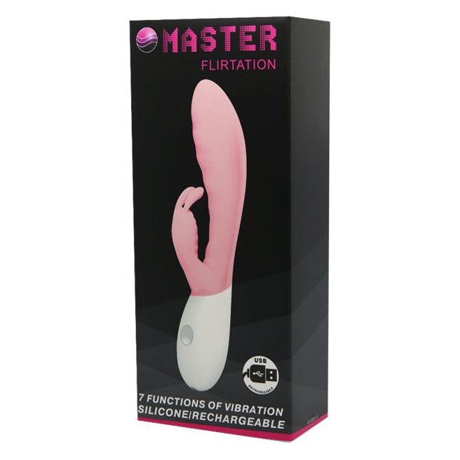 Розовый перезаряжаемый вибратор с клиторальным зайчиком Master Flirtation - 20 см