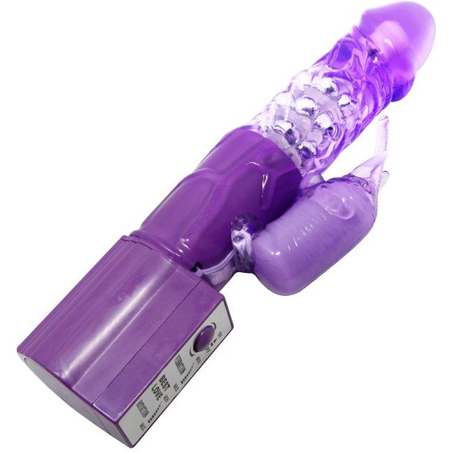 Фиолетовый вибратор с бусинами и клиторальным отростком - 24 см. Фотография 3.