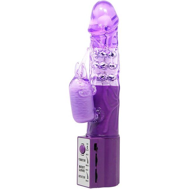 Фиолетовый вибратор с бусинами и клиторальным отростком - 24 см
