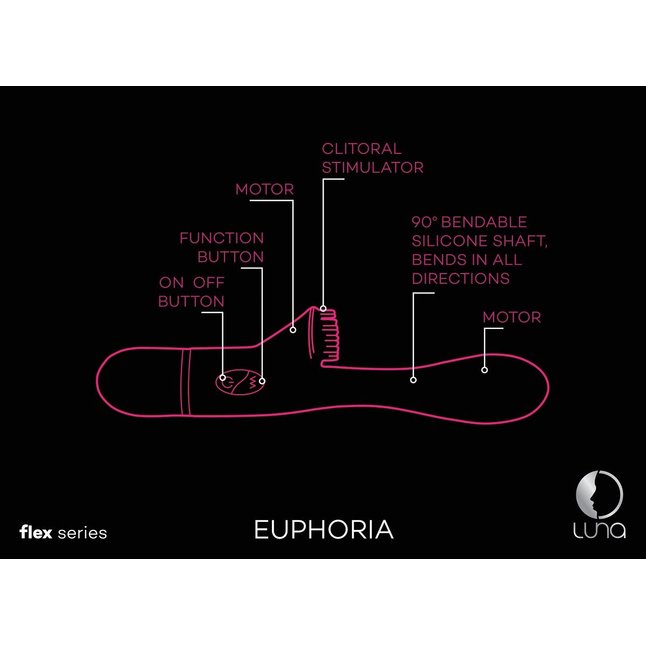 Розовый гнущийся вибратор Euphoria с клиторальной щеточкой - 22 см - Luna. Фотография 3.