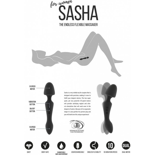 Чёрный двусторонний вибратор Sasha - 22,5 см - Jil. Фотография 4.