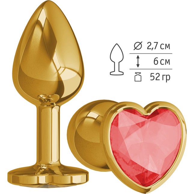 Золотистая анальная втулка с красным кристаллом-сердцем - 7 см - Анальные втулки с кристаллом