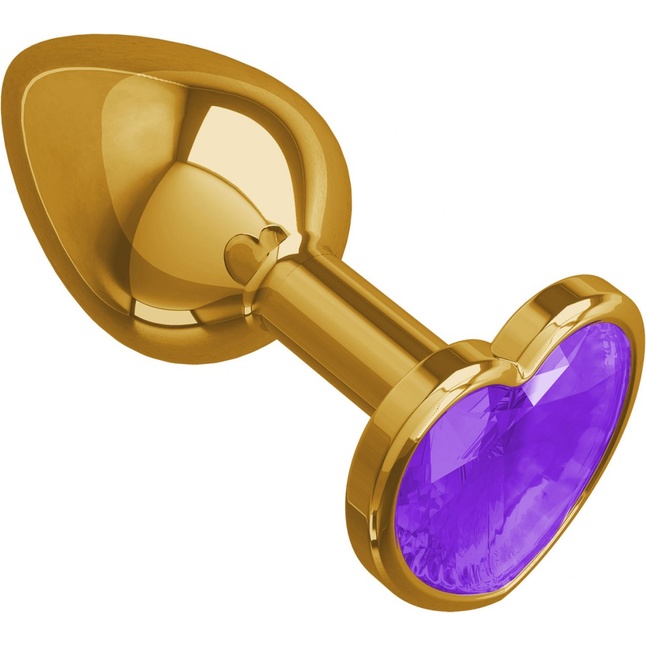 Золотистая анальная втулка с фиолетовым кристаллом-сердцем - 7 см - Анальные втулки с кристаллом. Фотография 2.