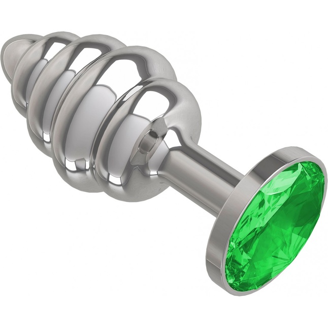 Серебристая пробка с рёбрышками и зеленым кристаллом - 7 см - Анальные втулки с кристаллом. Фотография 2.
