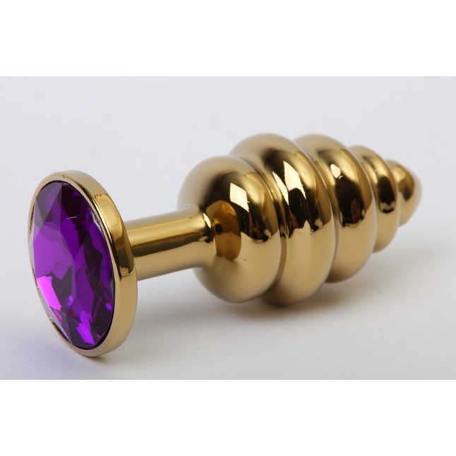 Золотистая рифлёная пробка с фиолетовым стразом - 8,2 см