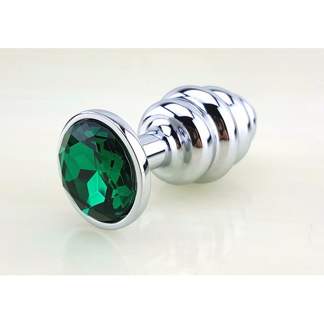 Серебристая рифлёная пробка с зеленым кристаллом - 9 см
