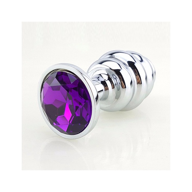 Серебристая рифлёная пробка с фиолетовым кристаллом - 9 см