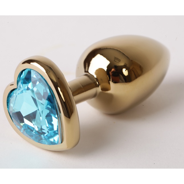 Золотистая анальная пробка с голубым кристаллом-сердцем - 9 см