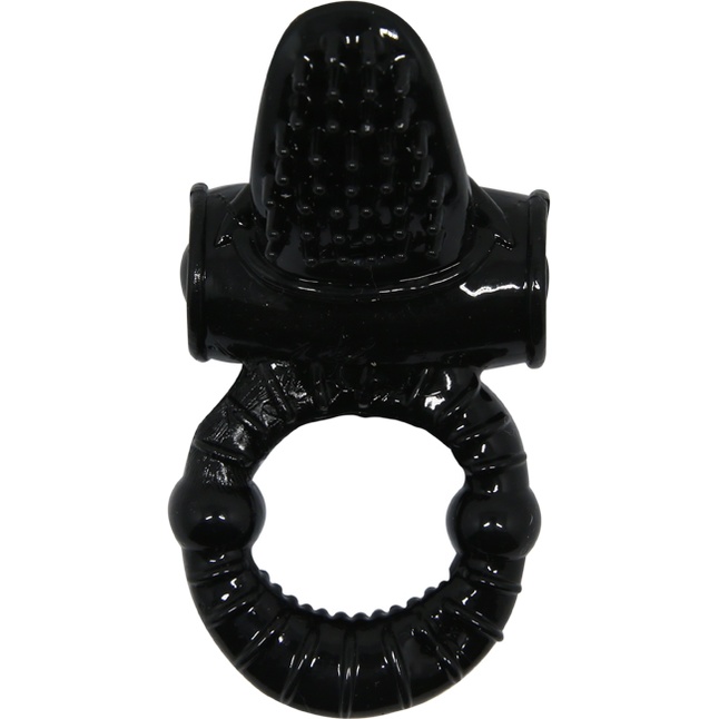 Чёрное эрекционное кольцо с вибрацией и щеточкой для клитора. Фотография 2.