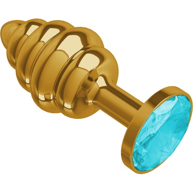 Золотистая пробка с рёбрышками и голубым кристаллом - 7 см - Анальные втулки с кристаллом. Фотография 2.