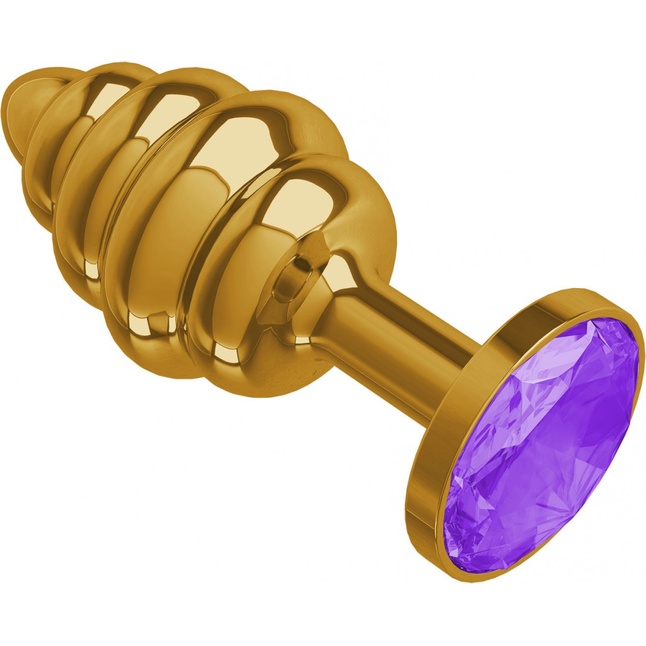 Золотистая пробка с рёбрышками и фиолетовым кристаллом - 7 см - Анальные втулки с кристаллом. Фотография 2.